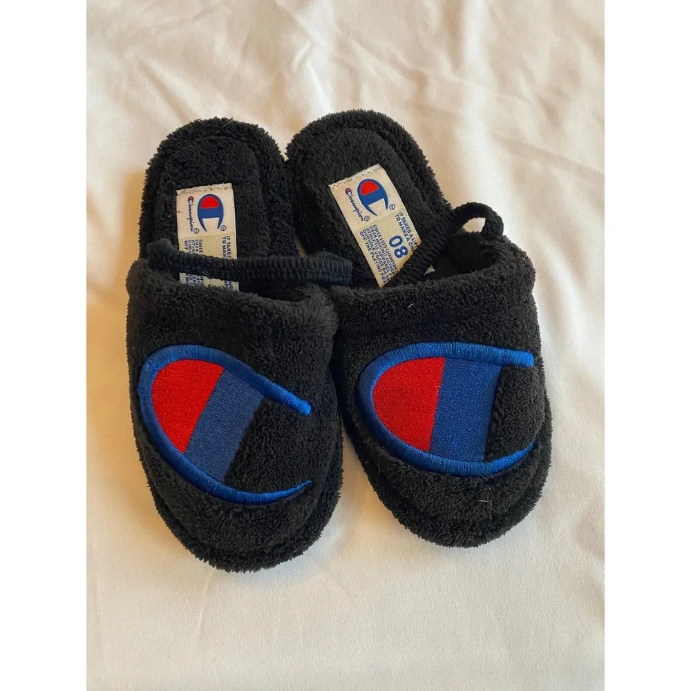 Champion Kids Embroidered Logo Cozy Fleece Slippers Size 8 Black Red Blue